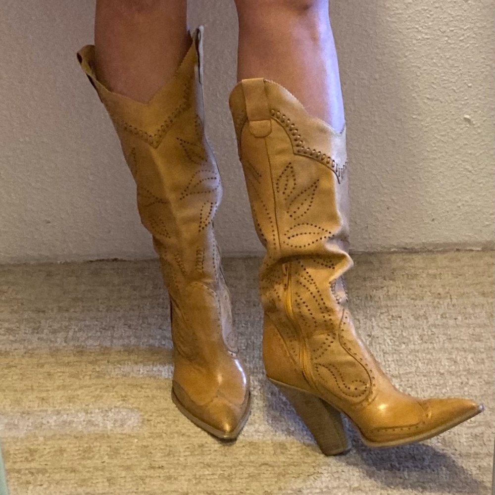 BCBG "Niche" Tan Calf Skin Leather Cowboy Boot